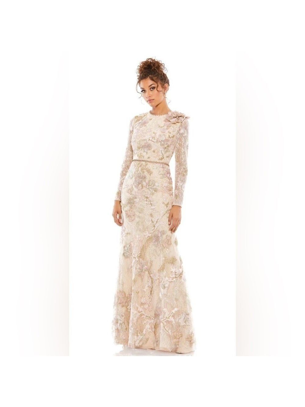 Nwt Mac Duggal Floral Embroidered Lace Trumpet Gown in Blush